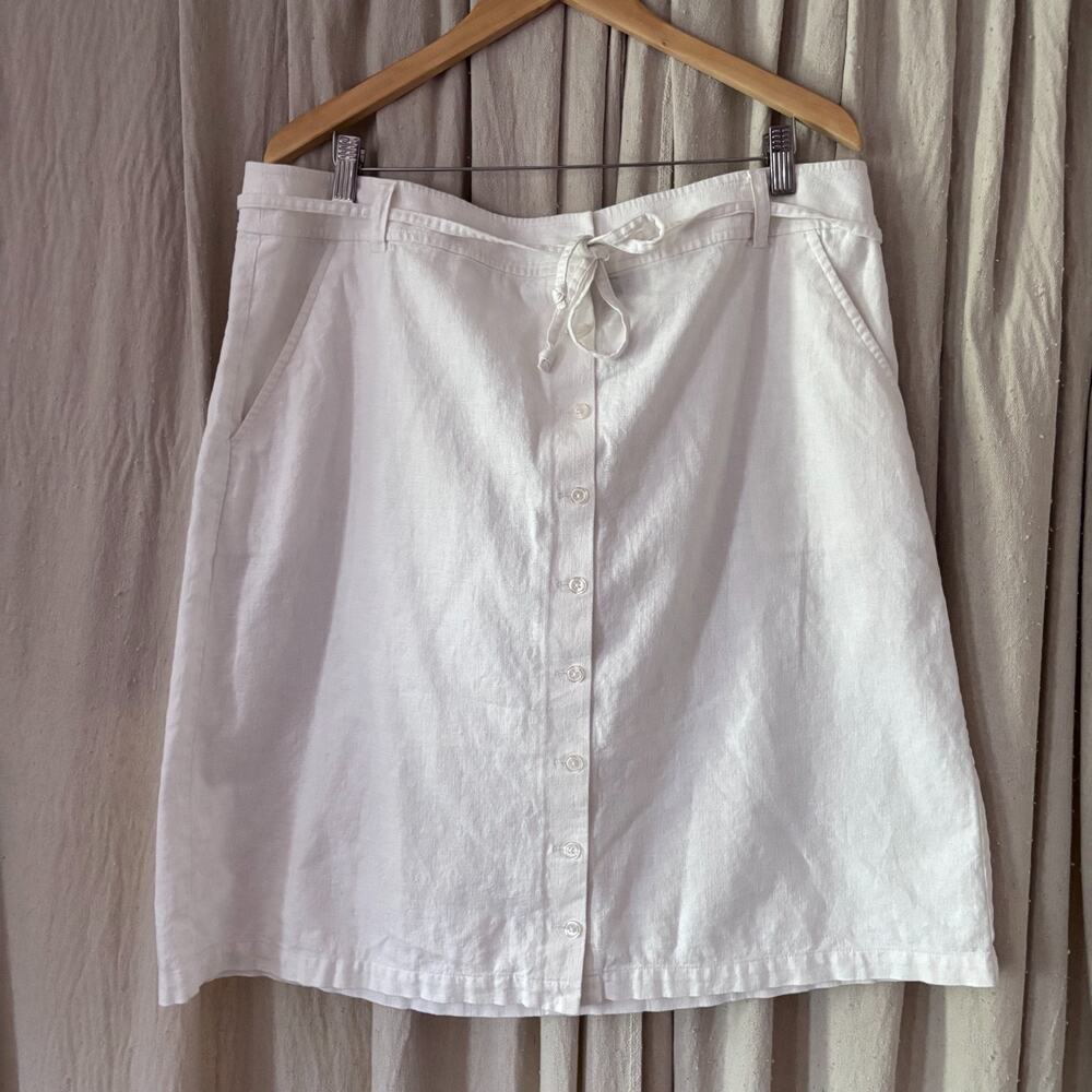 Eddie Bauer White Linen Cotton Button Front Skirt Womens 18 Tie Waist Preppy